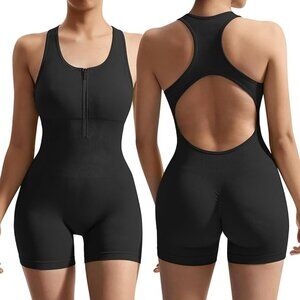 Amazon Seamless Black Ruched Butt Lifting Cutout Yoga Onesie Size M